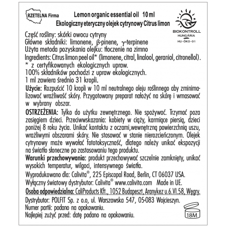 Organic Lemon CaliVita Essential Oil 10 ml